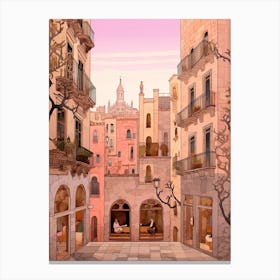 Barcelona Spain 3 Vintage Pink Travel Illustration Canvas Print