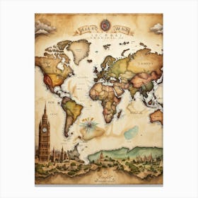 A World Map Visualizing An International Journey Pinpointing Iconic Historical Landmarks Across Var (3) Canvas Print