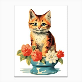 Vintage Cat With Flowers Kitsch Canvas Print