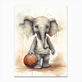 Elephant Painting Playing Basketball Watercolour 1 Canvas Print