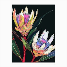 Neon Flowers On Black Protea 3 Canvas Print