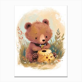 Brown Bear Cub Playing With A Beehive Storybook Illustration 1 Canvas Print