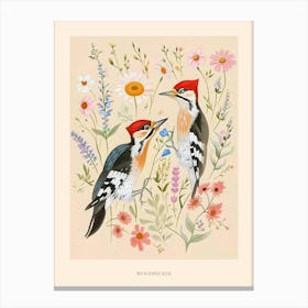Folksy Floral Animal Drawing Woodpecker Poster Canvas Print