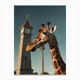 Giraffe In Front Of Clock Tower Canvas Print