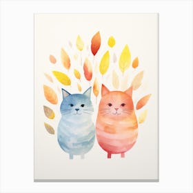 Watercolor Cats In Autumn Leaves Canvas Print