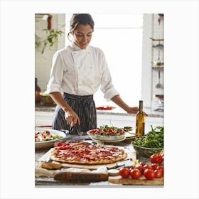 A French Chef Female Poised And Graceful Slices Juicy Cherry Tomatoes With A Kitchen Knife Raw B (3) Canvas Print