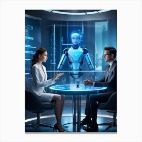 Futuristic Job Interview Scene With An Ai Avatar Interviewing A Humanoid Robot Both Seated At A Sle (4) Canvas Print