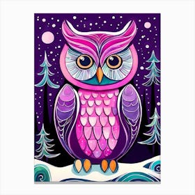 Pink Owl Snowy Landscape Painting (118) Canvas Print