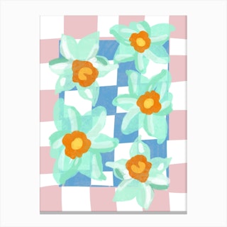 Daffodils Blue Pink Check Canvas Print