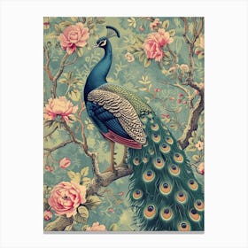 Chalk Blue Vintage Peacock Wallpaper 1 Canvas Print