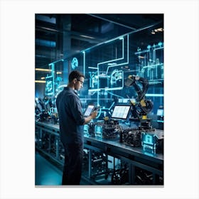 Cyber Industrial Factory With An Ai Manager Overseeing A Network Of Robotic Welding Arms And Automat (7) Canvas Print