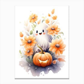 Cute Ghost With Pumpkins Halloween Watercolour 154 Canvas Print