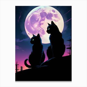 Two Black Cats Silhouetted Against A Pink Full Moon Canvas Print