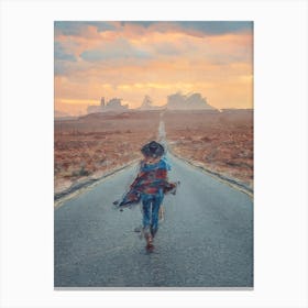 Cowgirl Walking Along The Road Canvas Print