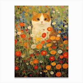 Flower Garden And A Ginger Cat, Inspired By Klimt 3 Canvas Print
