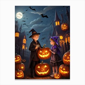 Children With Halloween Pumpkins 1 Canvas Print