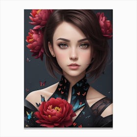 Asian Girl With Flowers Canvas Print