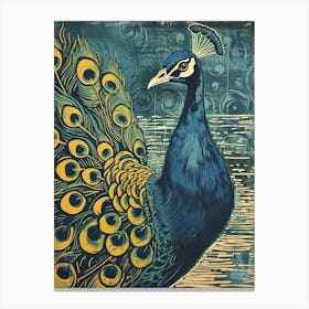 Blue Mustard Peacock & The Water Linocut Inspired 1 Canvas Print