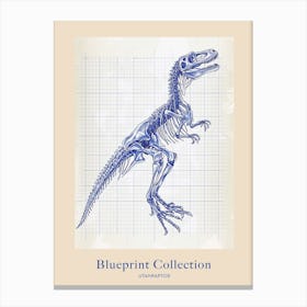 Utahraptor Dinosaur Skeleton Blue Print Style Poster Canvas Print