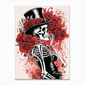 Floral Skeleton With Hat Ink Painting (78) Canvas Print