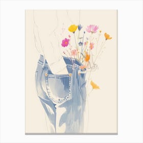 Blue Jeans Line Art Flowers 4 Canvas Print