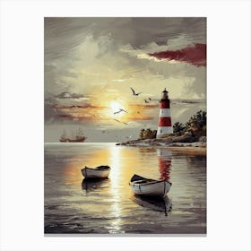 Lighthouse And Two Boats Canvas Print