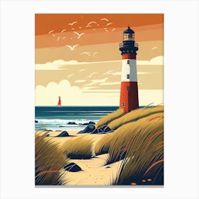 North Germany, Sunset And Lighthouse #2 - Retro Landscape Beach and Coastal Theme Travel Poster Canvas Print