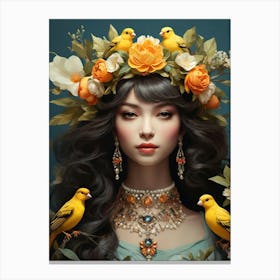 Asian Girl With Birds Canvas Print