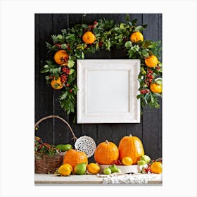 A Captivating Autumnal Scene Showcasing Ripe Oranges And Vibrant Pumpkins Resting On A Rustic Table (7) Canvas Print