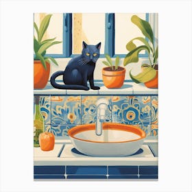 Black Cat In The Kitchen Sink, Mediterranean Style 4 Canvas Print