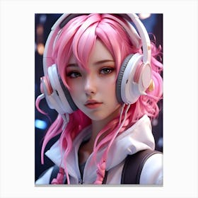 Pink Haired Girl With Headphones Canvas Print