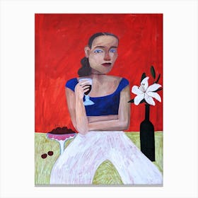 Girl with wine on a red background Canvas Print