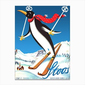 Stoos, Happy Penguin On A Ski Jump Canvas Print