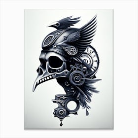 Skull With Bird 2 Motifs Black And White Stream Punk Canvas Print