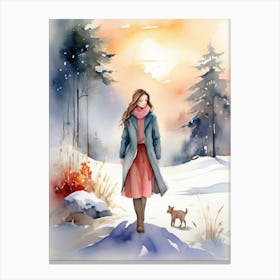 Watercolor Girl In Winter Canvas Print