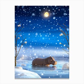 Cozy Winter Wonderland Encasing A Heart Melting Hippo Snow Gently Falling On Its Back Fluffy White Canvas Print