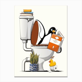 Penguin In The Toilet Canvas Print