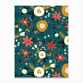 Abstract Scandinavian Floral Red, Ochre, White, Teal Blue Canvas Print