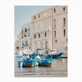 Blue Fishing Boats In The Harbor of Monopoli, Puglia in Italy - travel photography Canvas Print