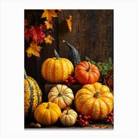 Autumn Gourds And Pumpkins Arranged For Thanksgiving Vibrant Hues Of Orange Yellow And Red Some 2 1 Canvas Print