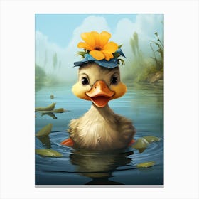 Cute Cartoon Duckling Swimming In The Pond 1 Canvas Print