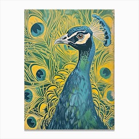 Blue Mustard Linocut Inspired Peacock Feather 4 Canvas Print