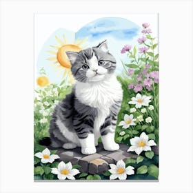 Cute Kitten And Flowers Watercolor 8 Canvas Print