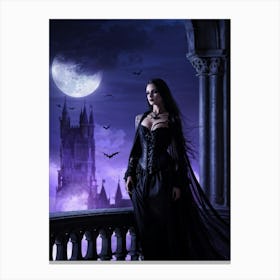 Gothic Woman Draped In Black Flowing Garments Stands By A Grand Shadowy Castles High Balcony Moon Canvas Print