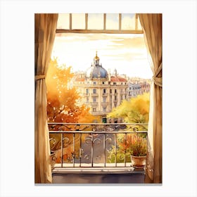 Window View Of Madrid Spain In Autumn Fall, Watercolour 4 Canvas Print