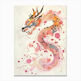 Cute Chinese Dragon Painted By Wu Guanzhong, Lovely Shape, Polka Dot Art, Dragon Leaping From Above, Close Up Of Head, Abstract Simple Lines, Illustration, Pink And Small Amount Of Gold, Premium Color Scheme, White Background, 18k Canvas Print