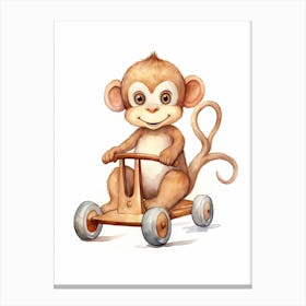 Baby Monkey On A Toy Car, Watercolour Nursery 0 Canvas Print