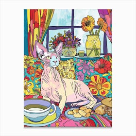 Tea Time With A Sphynx Cat 1 Canvas Print