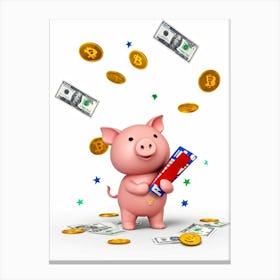 Baby Pig As A Corporate Mascot Clutching A Billfold Playing Cards Scattered Nearby Depicting Variou (2) Canvas Print