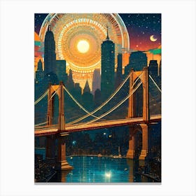 New York City Skyline - Brooklyn Bridge Trippy Abstract Cityscape Iconic Wall Decor Visionary Psychedelic Fractals Fantasy Art Cool Full Moon Third Eye Space Sci-fi Awesome Futuristic Ancient Paintings For Your Home Gift For Him Canvas Print